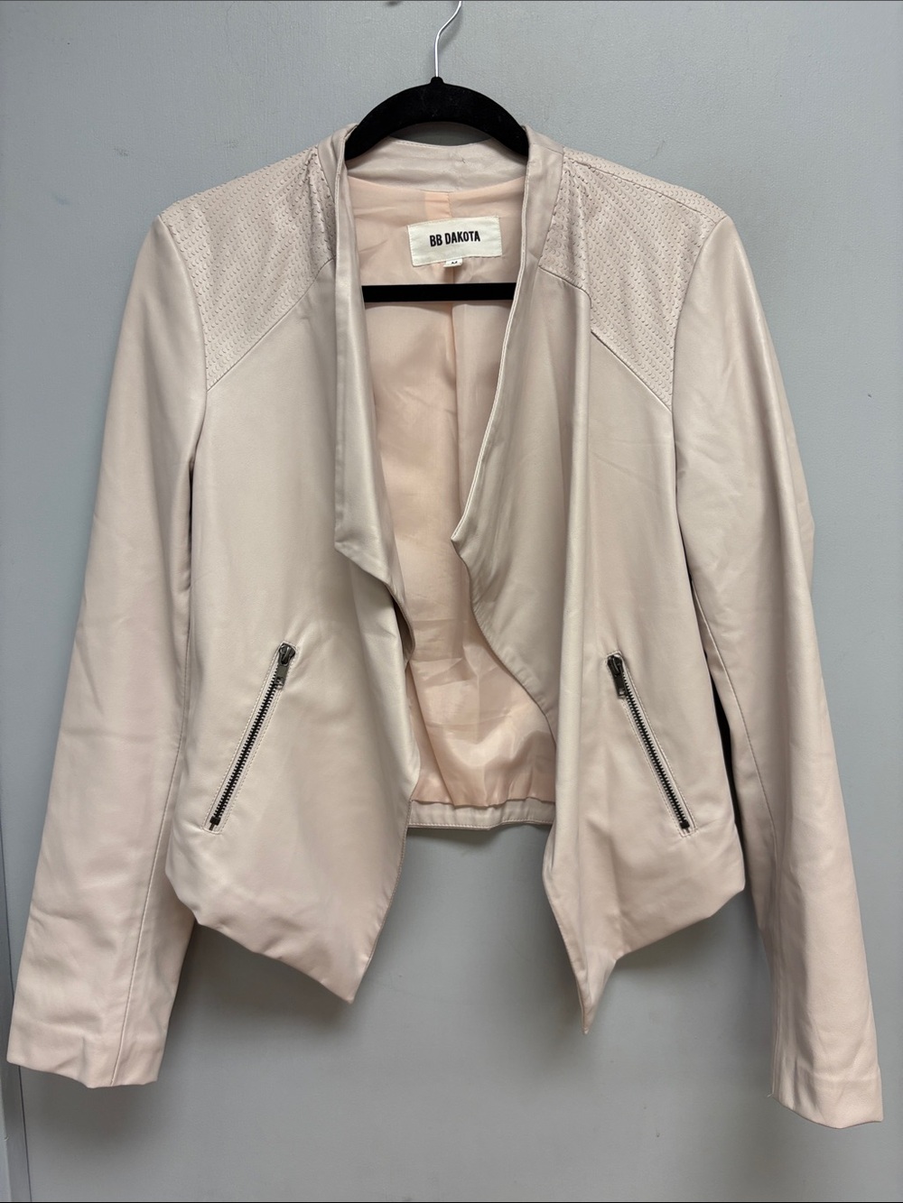 BB Dakota Faux Leather Drape Front Moto Jacket Blush Pink Open Front Medium